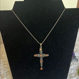 Ornate Black/Silver and Orange Cross Pendant Necklace